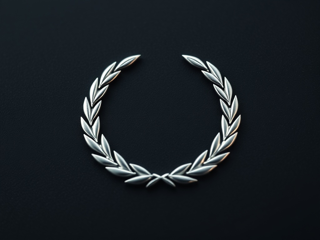 Extreme close-up macro shot of a platinum laurel wreath emblem on a dark textured background, high contrast metallic sheen, minimalist, 8k photorealistic.