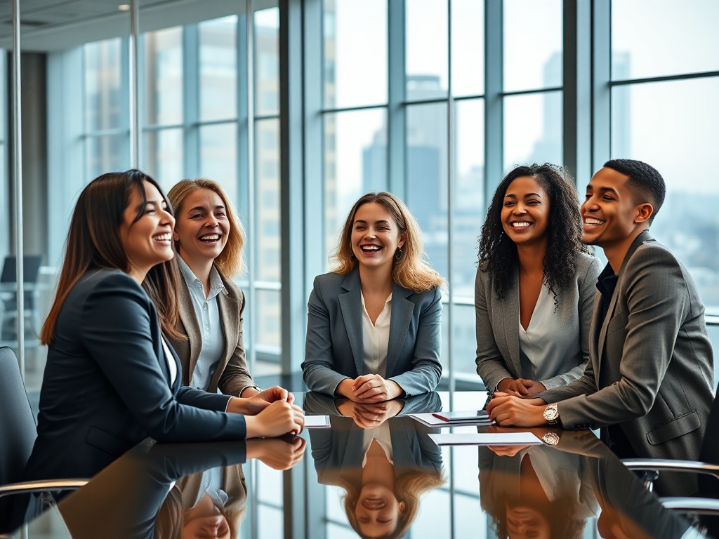 A diverse team of five professionals in a modern glass boardroom, mid-laugh during a casual meeting, floor-to-ceiling windows with city views, natural light illuminating their faces, shallow depth of field, 8k photorealistic commercial photography.