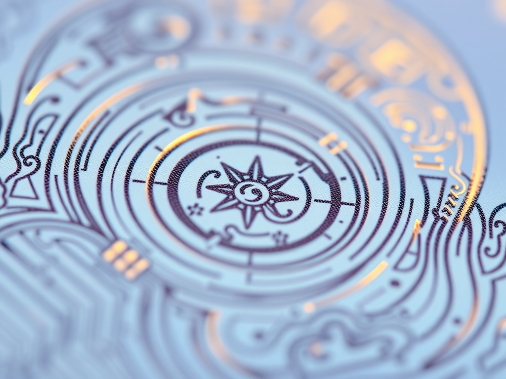 Abstract close-up of a premium passport page with intricate security patterns and a faint holographic shimmer, soft focus on the edges, macro detail, 8k.
